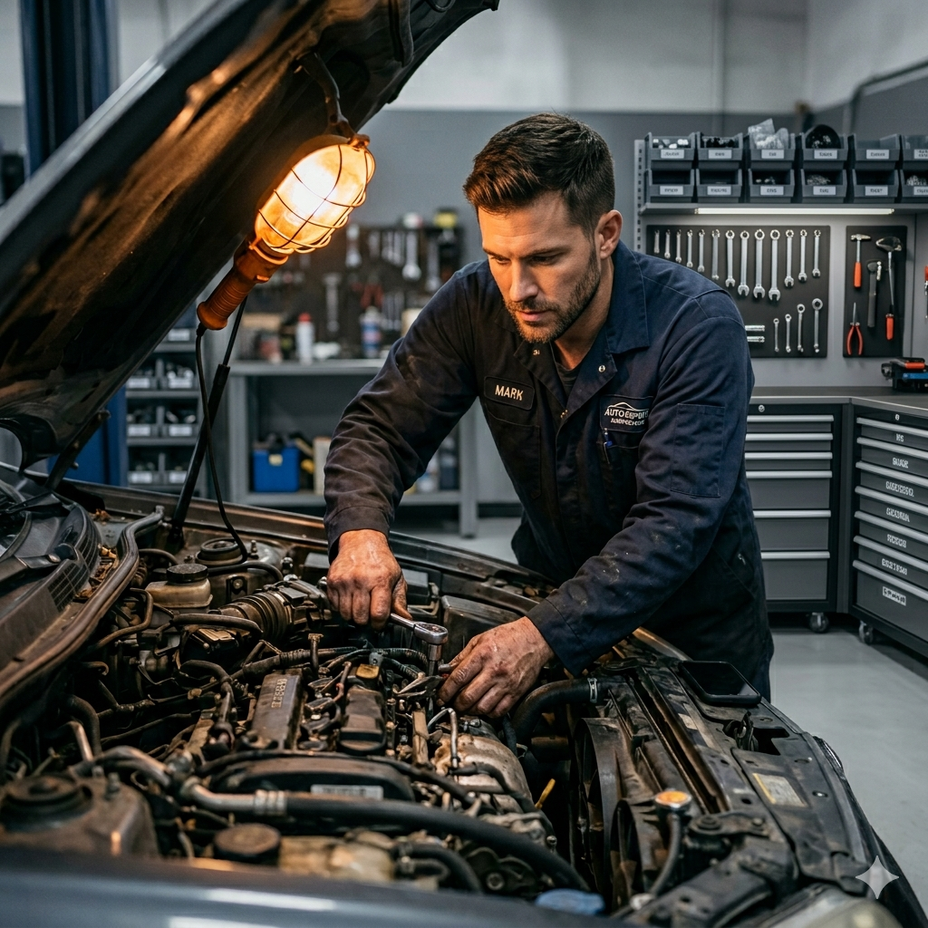 Mecânico ocupado trabalhando, sem poder atender ligações