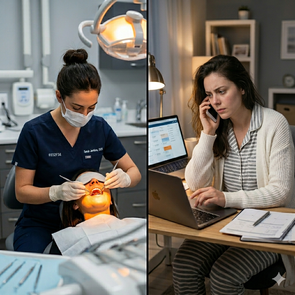 Dentista conciliando trabalho e tarefas administrativas