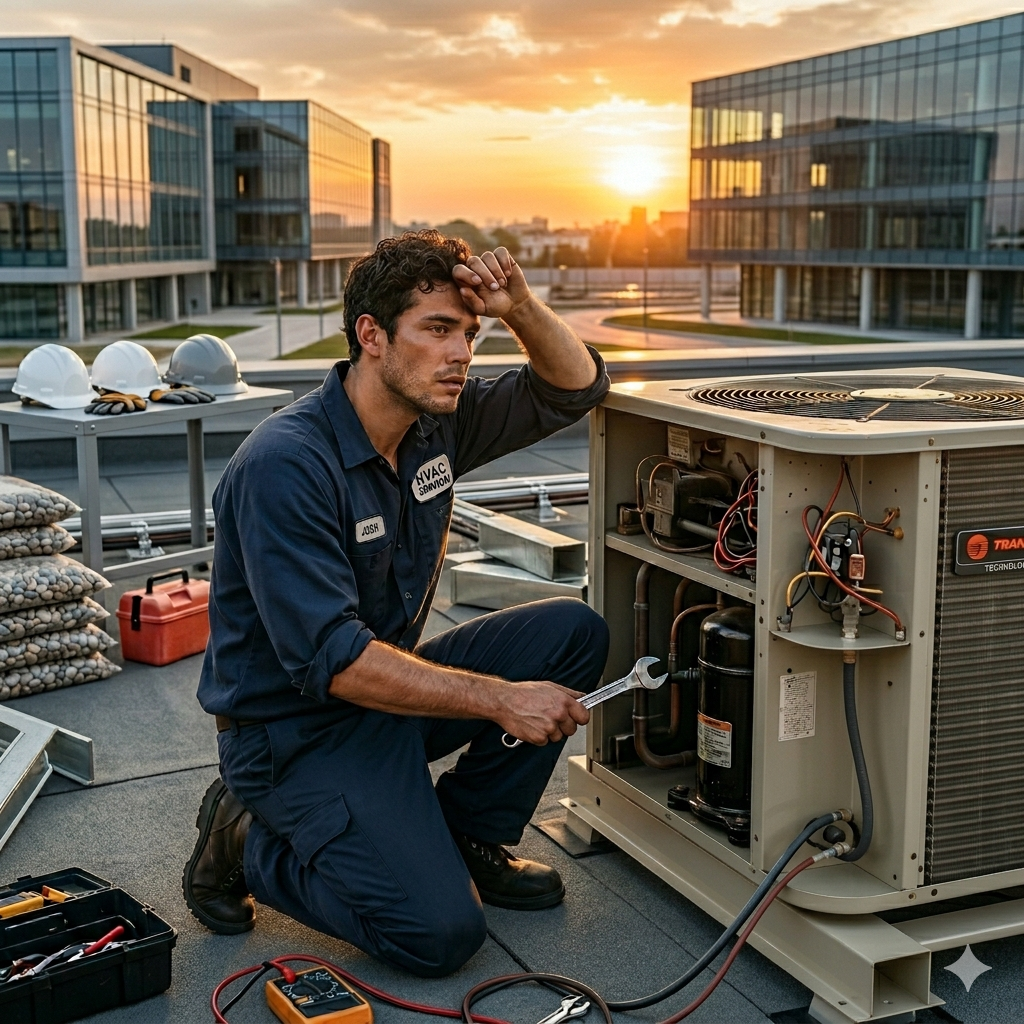 Técnico HVAC trabalhando sozinho, desejando ajuda
