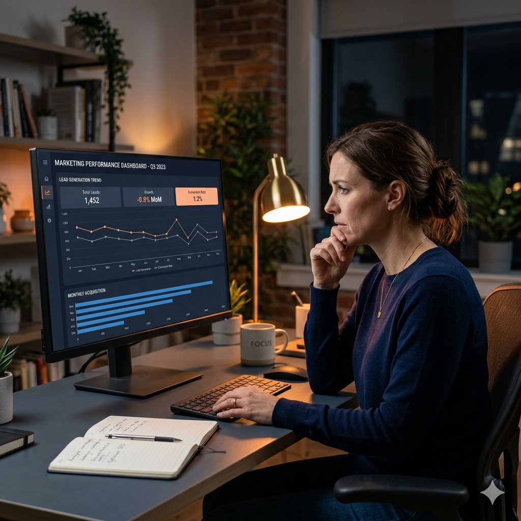 Consultora olhando análises de marketing decepcionantes na tela
